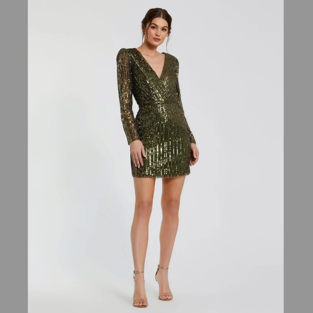 NWT Mac Duggal Sequin Mini Dress 0 Olive Green 41029
